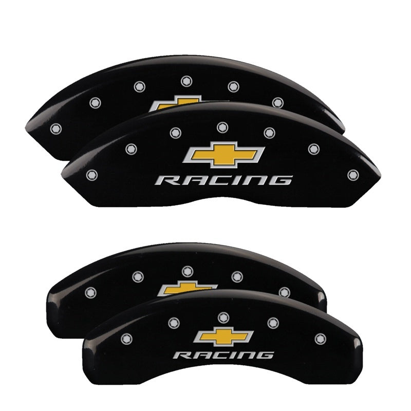 Load image into Gallery viewer, MGP 4 Caliper Covers Engraved F & R Chevy Racing Black Finish Silver Char 2017 Chevrolet Camaro