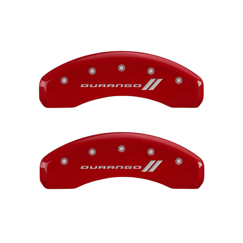 Load image into Gallery viewer, MGP 4 Caliper Covers Engraved Front & Rear With stripes/Durango Red finish silver ch