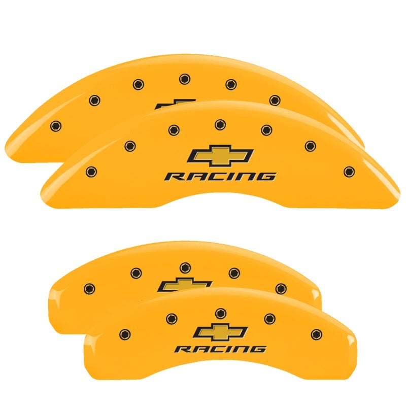 Load image into Gallery viewer, MGP 4 Caliper Covers Engraved F & R Chevy Racing Yellow Finish Black Char 2016 Chevrolet Camaro