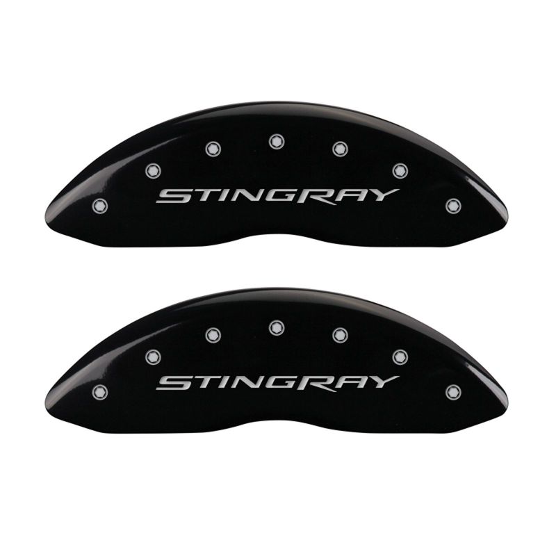 Load image into Gallery viewer, MGP 4 Caliper Covers Engraved Front & Rear Stingray Black finish silver ch