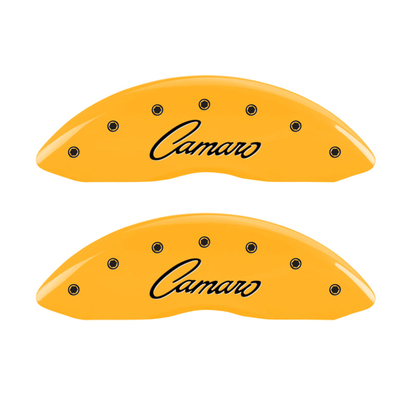 Load image into Gallery viewer, MGP 4 Caliper Covers Engraved Front & Rear Cursive/Camaro Yellow finish black ch