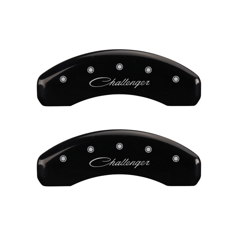 Load image into Gallery viewer, MGP 4 Caliper Covers Engraved Front & Rear Cursive/Challenger Black finish silver ch