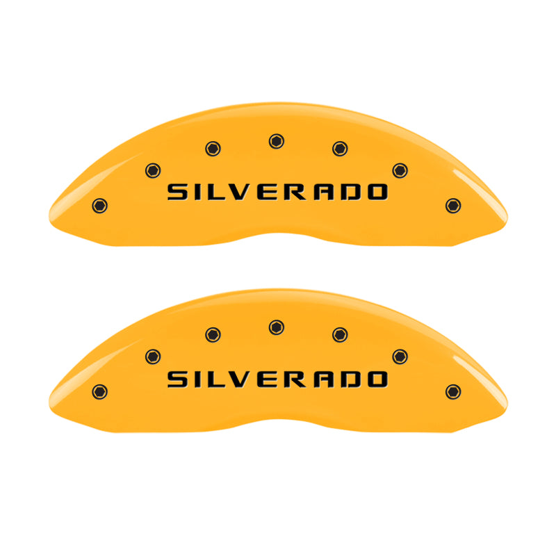 Load image into Gallery viewer, MGP Front set 2 Caliper Covers Engraved Front Silverado Yellow finish black ch