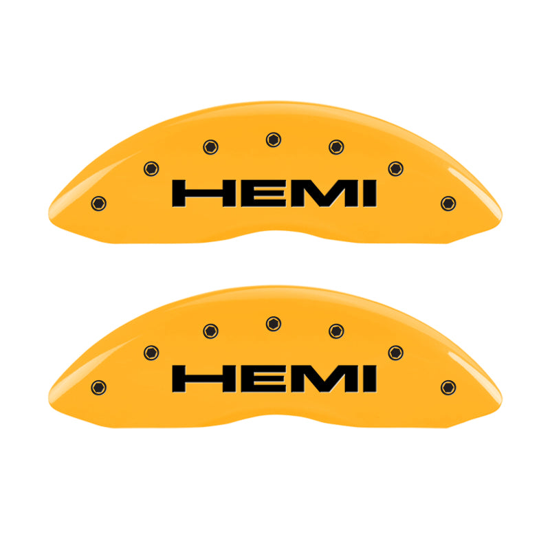 Load image into Gallery viewer, MGP 4 Caliper Covers Engraved Front & Rear Hemi Yellow Finish Black Char 2006 Jeep Commander