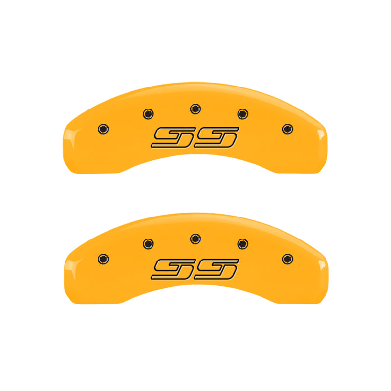 Load image into Gallery viewer, MGP 4 Caliper Covers Engraved F & R Avalanche SS Yellow Finish Blk Char 2008 Chevy Express 2500