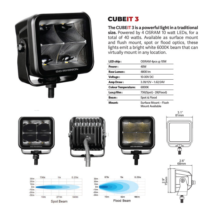 Load image into Gallery viewer, Go Rhino Xplor Blackout Series Cube LED Flood Light Kit (Surface/Threaded Stud Mnt) 3x3 - Blk (Pair)