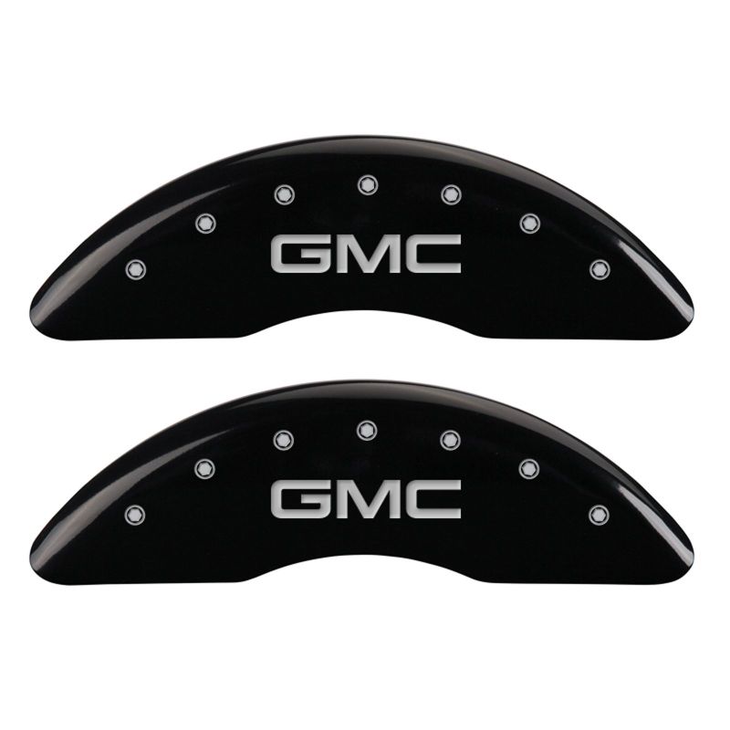 Load image into Gallery viewer, MGP 4 Caliper Covers Engraved Front & Rear GMC Black finish silver ch