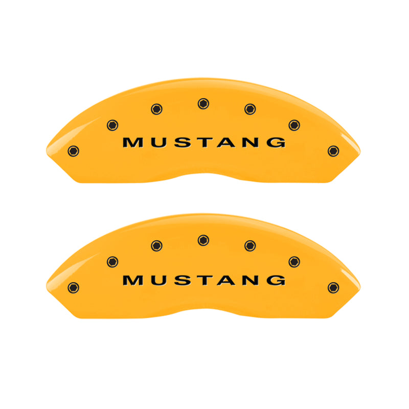 Load image into Gallery viewer, MGP 4 Caliper Covers Engraved Front Mustang - Engraved Rear S197/GT - Yellow Finish Blk Characters
