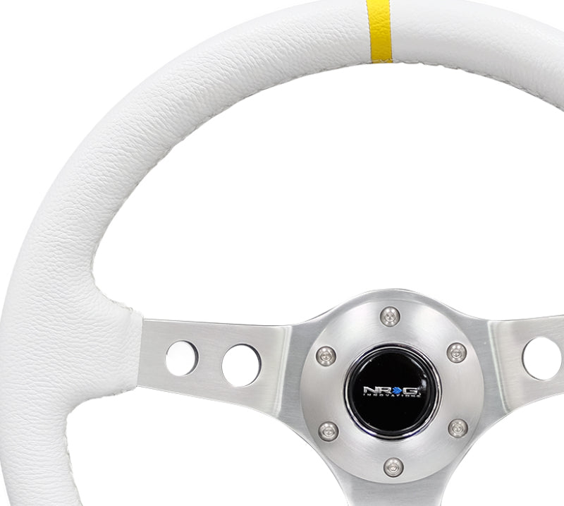 Load image into Gallery viewer, NRG Reinforced Steering Wheel (350mm / 3in. Deep) Wht Leather w/Silver Spoke & Single Yellow Mark