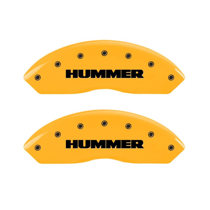 Load image into Gallery viewer, MGP 4 Caliper Covers Engraved Front & Rear Hummer Yellow Finish Black Char 2010 Hummer H3T