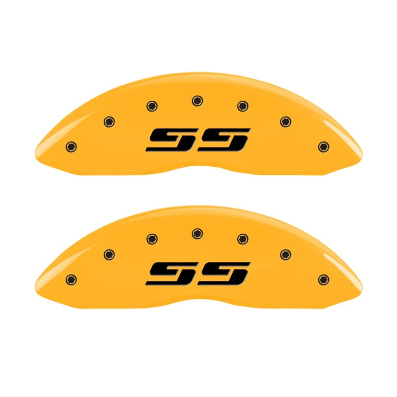 Load image into Gallery viewer, MGP 2 Caliper Covers Engraved Silverado SS Yellow Finish Blk Char 05 Chevy Silverado 1500
