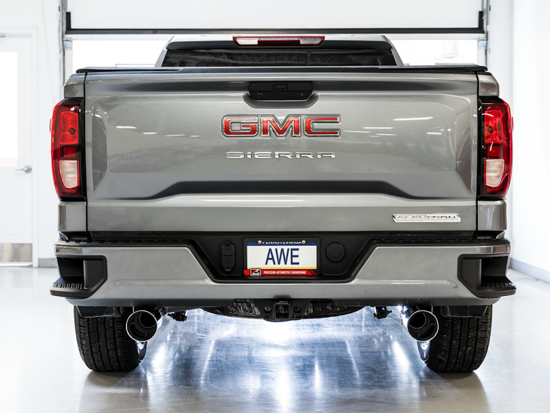 Load image into Gallery viewer, AWE Tuning 4th Gen GM 1500 5.3L 0FG Cat-Back Split Rear Exit (Flat Bumper) - Quad Chrome Tips