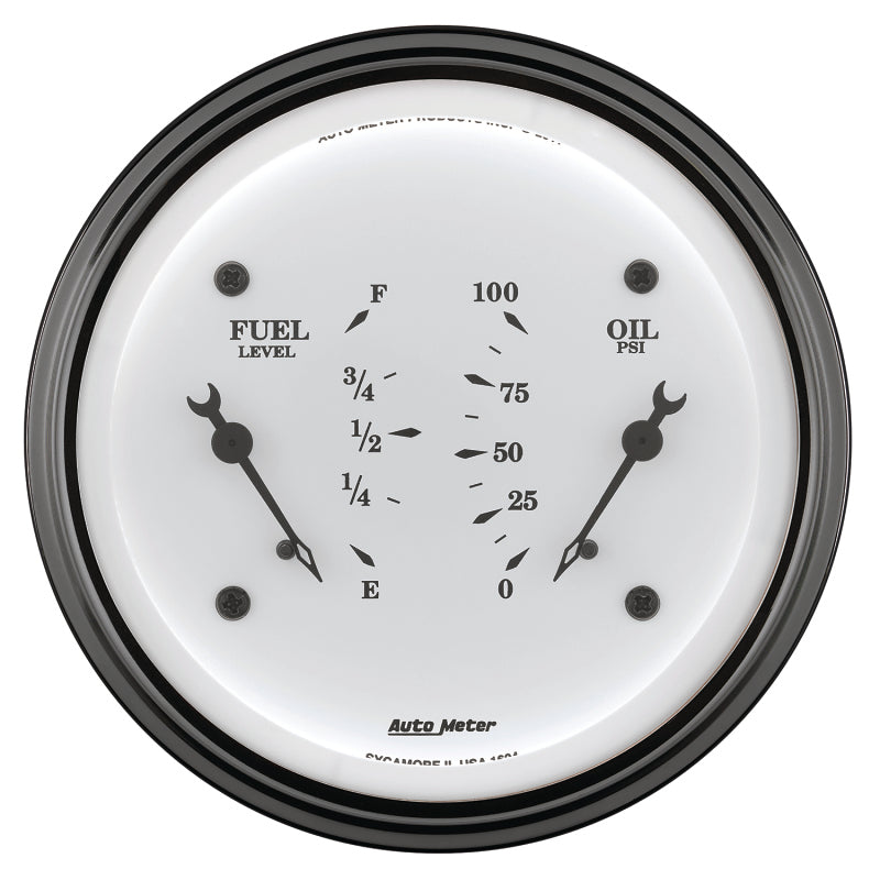 Load image into Gallery viewer, AutoMeter Gauge Dual Fuel & Oilp 3-3/8in. 0 Ohm(e) to 90 Ohm(f)& 100PSI Elec Old Tyme White