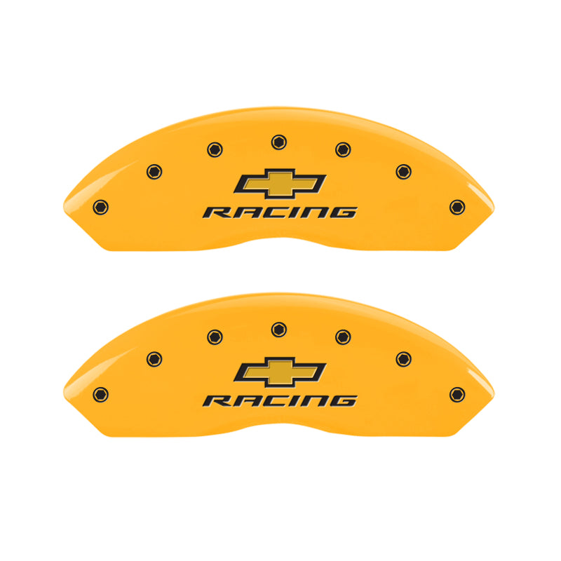 Load image into Gallery viewer, MGP 4 Caliper Covers Engraved Front & Rear Chevy Racing Yellow Power Coat Finish Black Characters