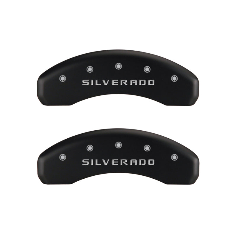 Load image into Gallery viewer, MGP 4 Caliper Covers Engraved Front & Rear Silverado Red finish silver ch