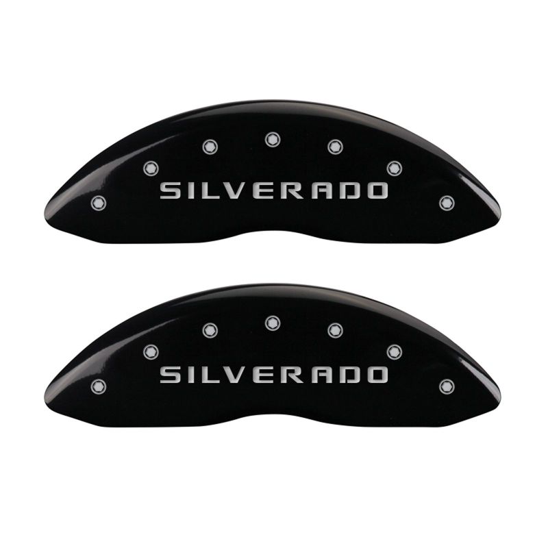 Load image into Gallery viewer, MGP Front set 2 Caliper Covers Engraved Front Silverado Black finish silver ch