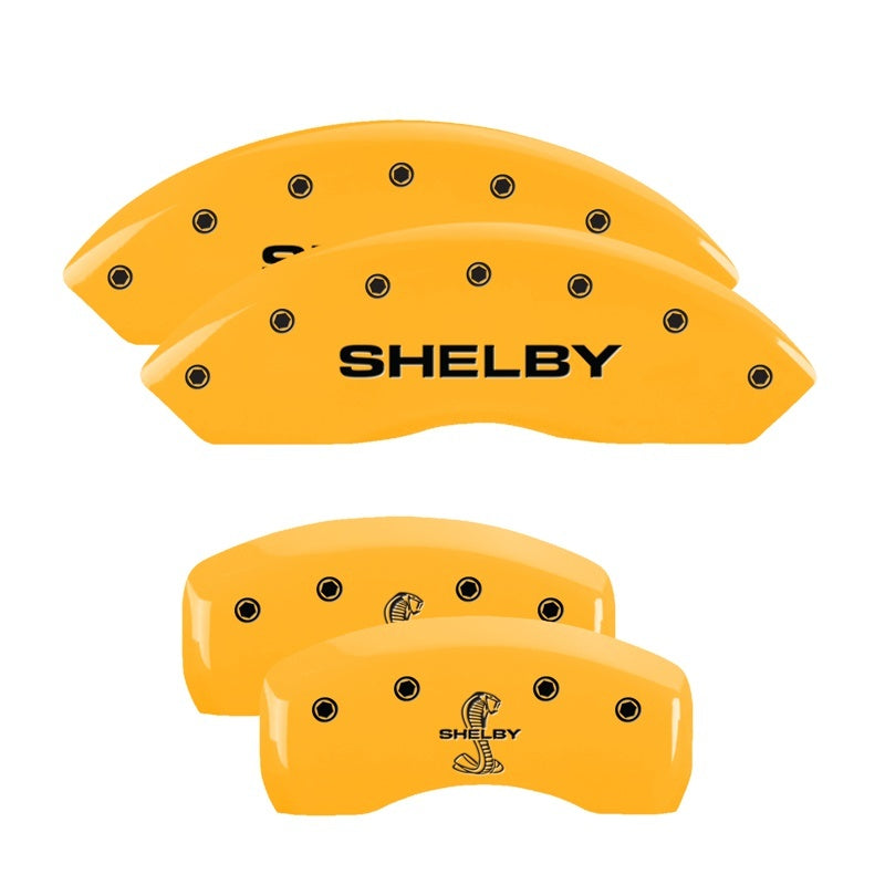 Load image into Gallery viewer, MGP 4 Caliper Covers Engraved Front & Rear Mach 1 Yellow Finish Black Char 2004 Ford Mustang