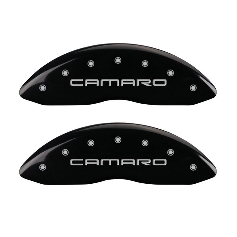 Load image into Gallery viewer, MGP 4 Caliper Covers Engraved Front Gen 4/Camaro Engraved Rear Gen 4/Z28 Black finish silver ch