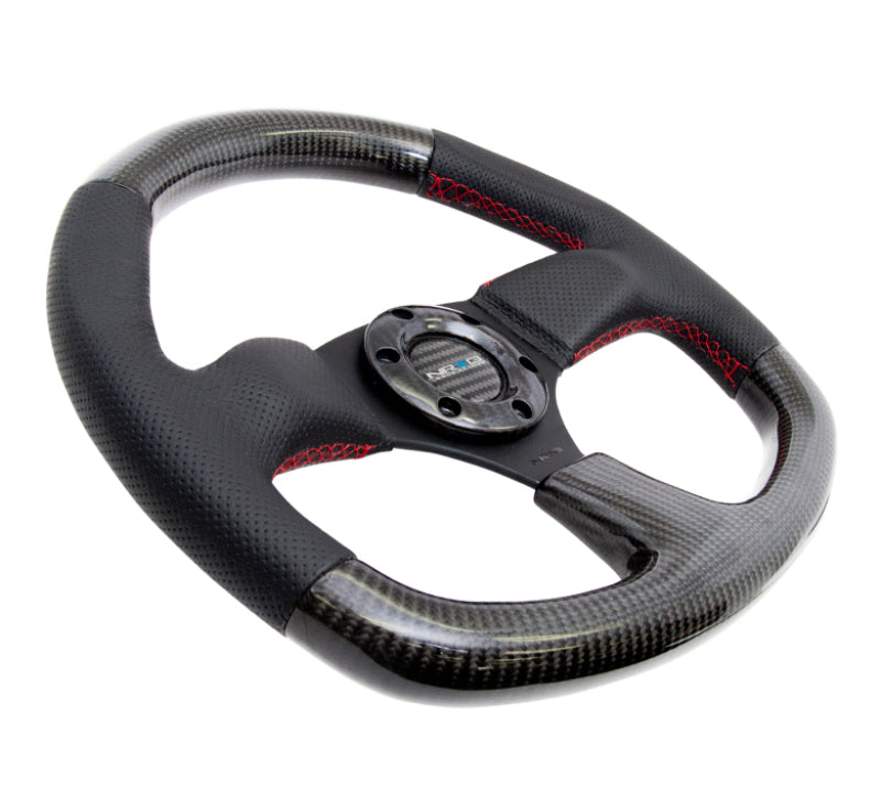 Load image into Gallery viewer, NRG Carbon Fiber Steering Wheel (320mm) Flat Bottom & Leather Trim w/Red Stitching