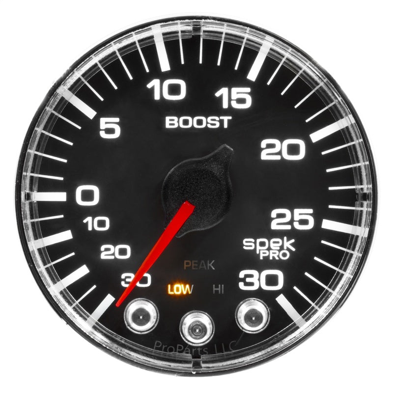 Load image into Gallery viewer, Autometer Spek-Pro Gauge Vac/Boost 2 1/16in 30Inhg-30psi Stepper Motor W/Peak & Warn Black/Chrome