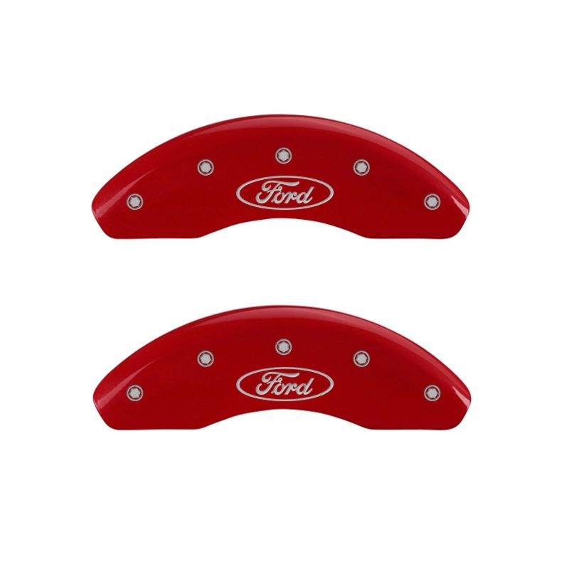 Load image into Gallery viewer, MGP 4 Caliper Covers Engraved Front & Rear Oval logo/Ford Red finish silver ch