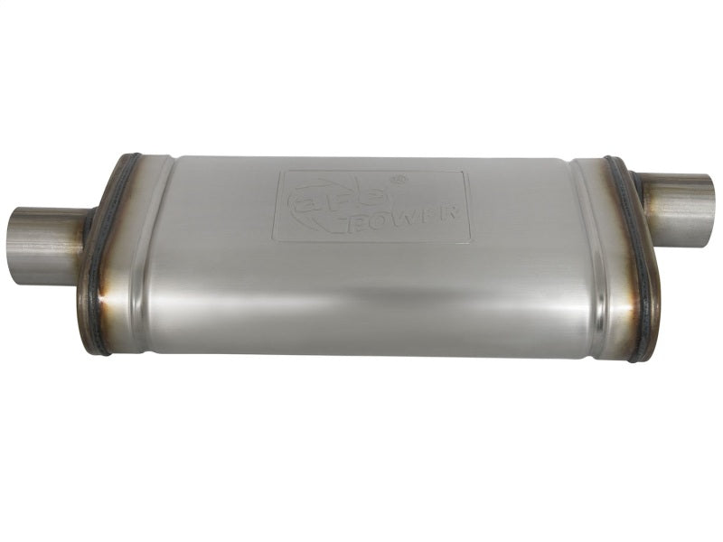Load image into Gallery viewer, aFe MACHForce XP SS Muffler 2.5in Center Inlet / 2.5in Offset Outlet 18in L x 9in W x4in H Body