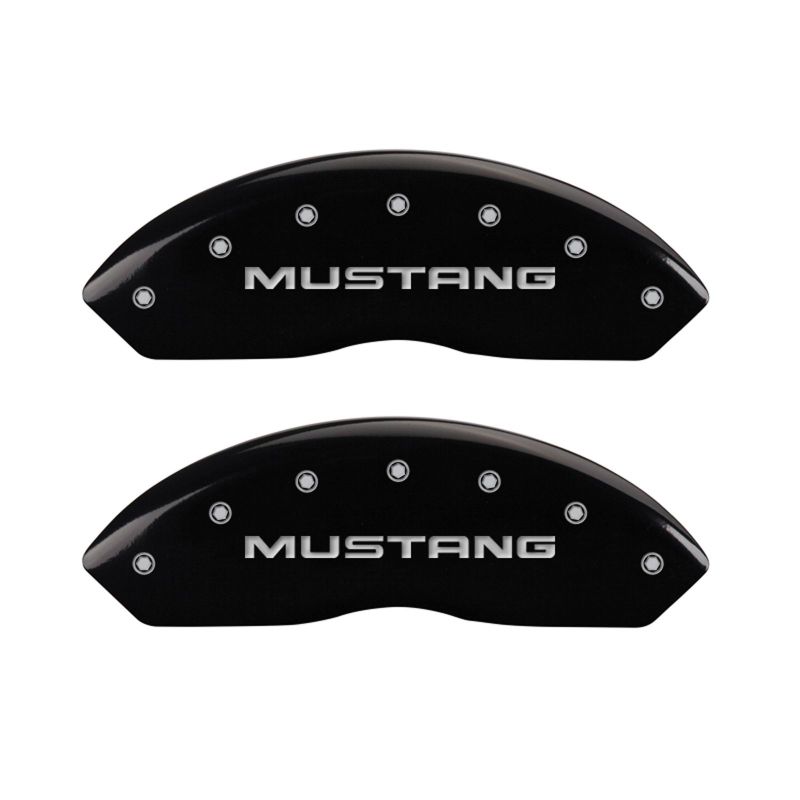 Load image into Gallery viewer, MGP 4 Caliper Covers Engraved Front Mustang Engraved Rear Pony Black finish silver ch