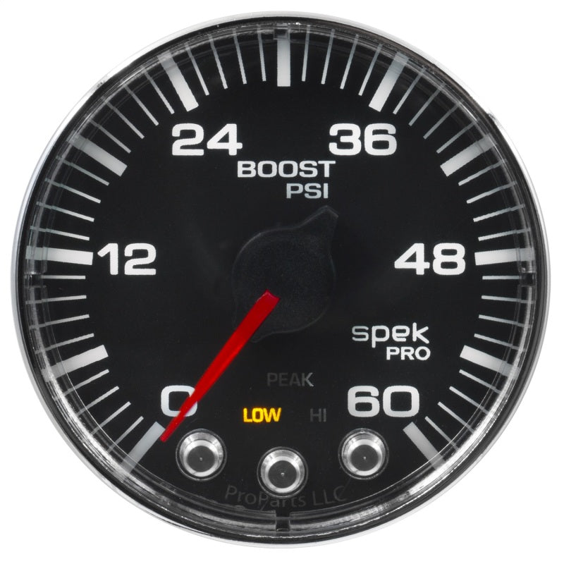 Load image into Gallery viewer, Autometer Spek-Pro Gauge Boost 2 1/16in 60psi Stepper Motor W/Peak & Warn Blk/Chrm