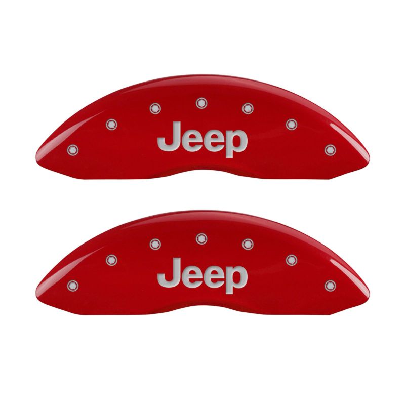 Load image into Gallery viewer, MGP 4 Caliper Covers Engraved Front & Rear JEEP Red finish silver ch