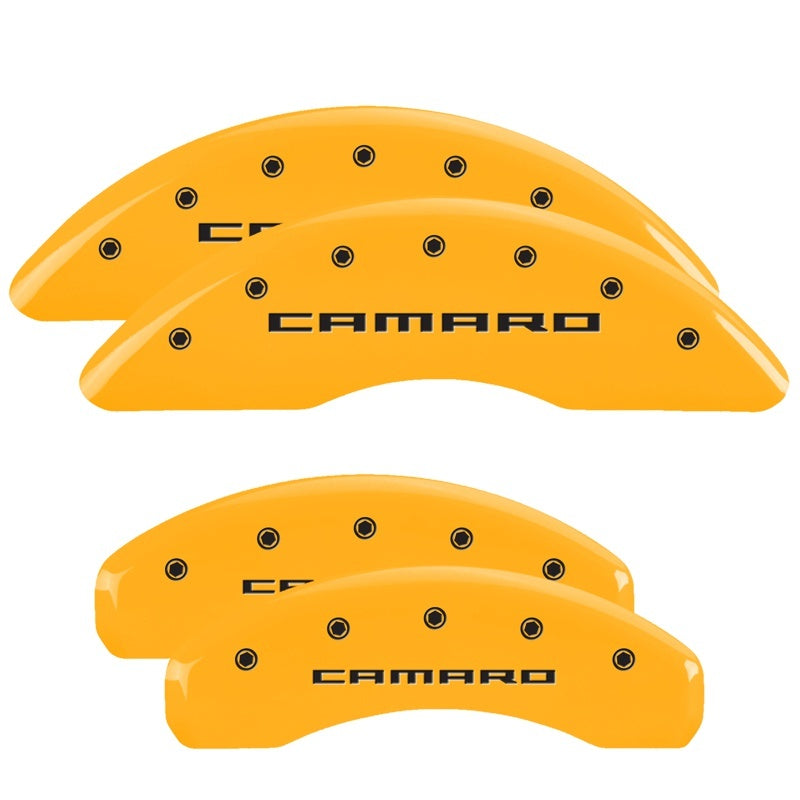 Load image into Gallery viewer, MGP 4 Caliper Covers Engraved Front & Rear Gen 5/Camaro Yellow finish black ch