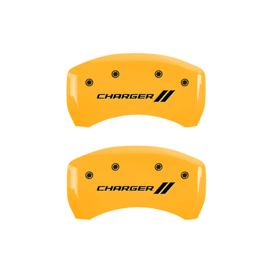 MGP 4 Caliper Covers Engraved Front & Rear Block/Charger Black finish silver ch