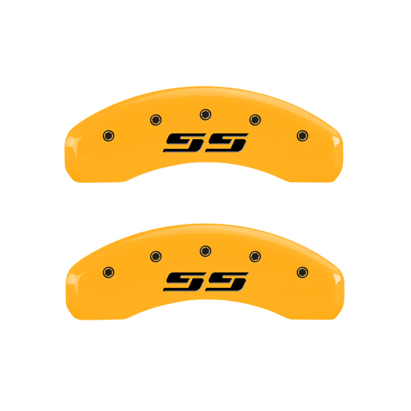 Load image into Gallery viewer, MGP 4 Caliper Covers Engraved F & R Silverado SS Yellow Finish Black Char 2002 Chevy Silverado 1500