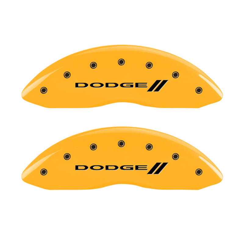 Load image into Gallery viewer, MGP 4 Caliper Covers Engraved F & R w/ Stripes/Dodge Yellow Finish Black Char 2006 Dodge Charger