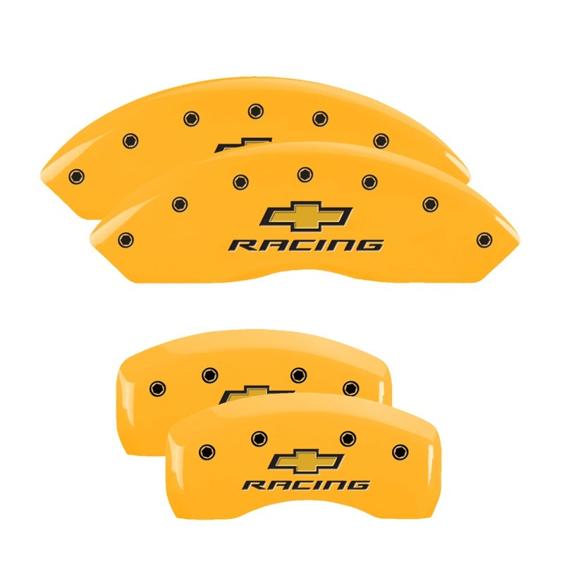 Load image into Gallery viewer, MGP 4 Caliper Covers Engraved Front & Rear Chevy Racing Yellow Power Coat Finish Black Characters