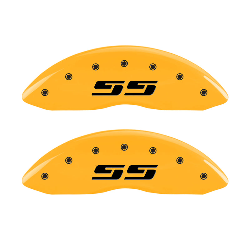 Load image into Gallery viewer, MGP 2 Caliper Covers Engraved Silverado SS Yellow Finish Blk Char 05 Chevy Silverado 1500