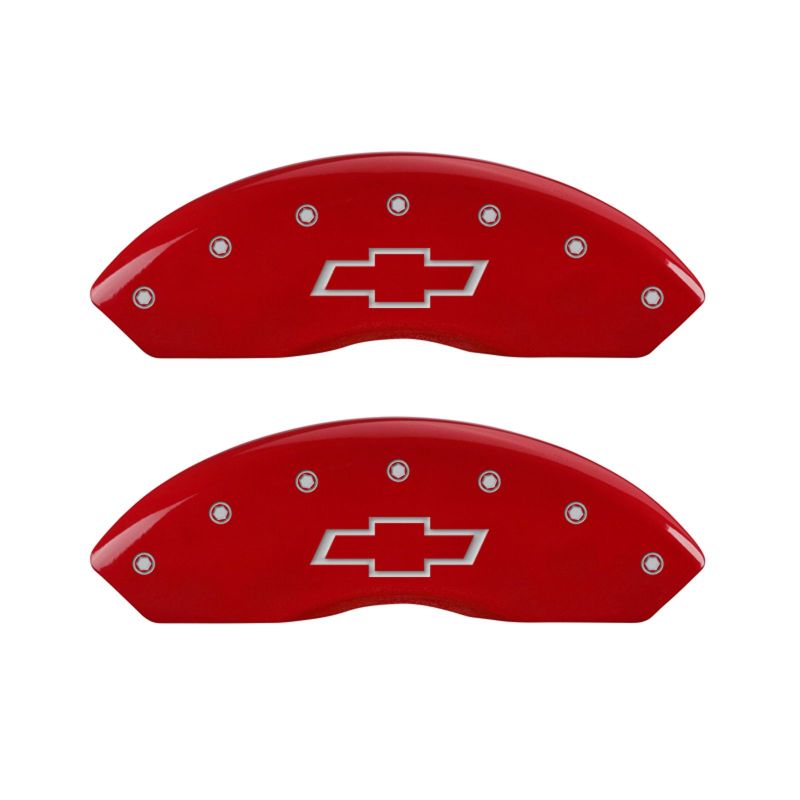 Load image into Gallery viewer, MGP 4 Caliper Covers Engraved Front & Rear Bowtie Red finish silver ch