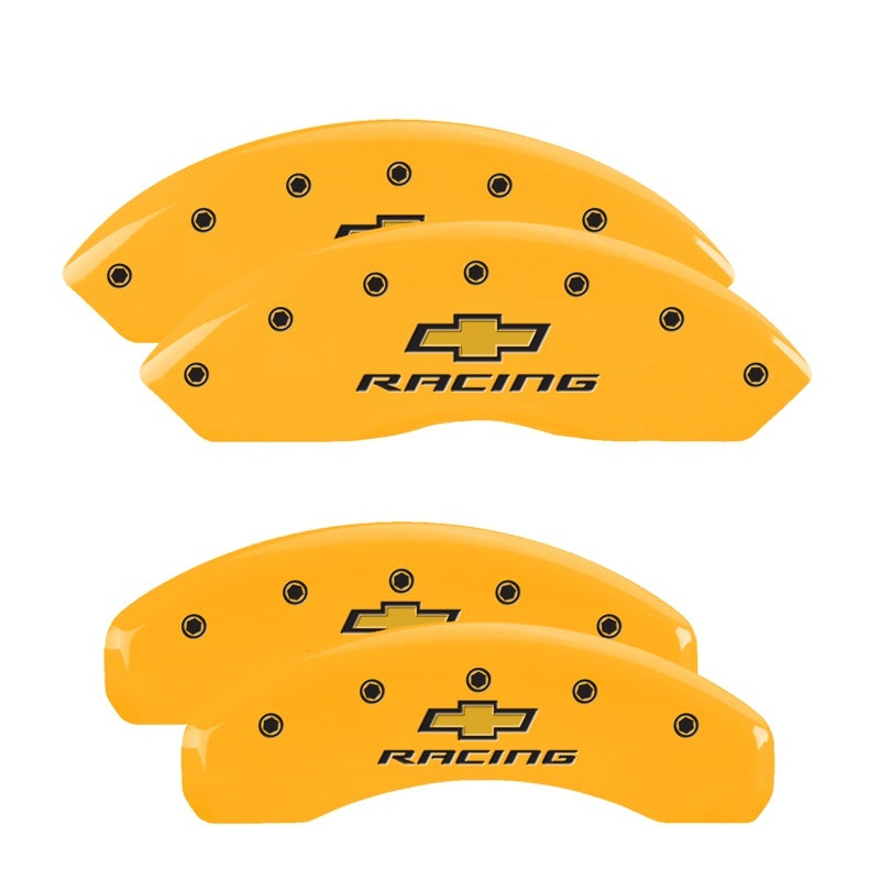 Load image into Gallery viewer, MGP 4 Caliper Covers Engraved F & R Chevy Racing Yellow Finish Black Char 2017 Chevrolet Camaro
