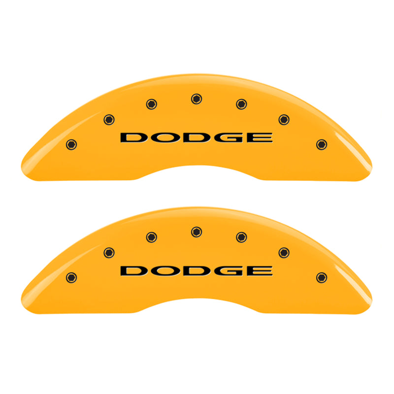 Load image into Gallery viewer, MGP 4 Caliper Covers Engraved Front & Rear Dodge Yellow Finish Black Char 2010 Dodge Ram 3500