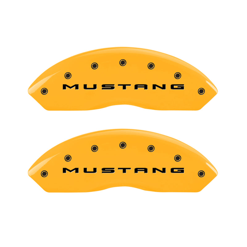 Load image into Gallery viewer, MGP 4 Caliper Covers Engraved Front 2015/Mustang Engraved Rear 2015/37 Yellow finish black ch
