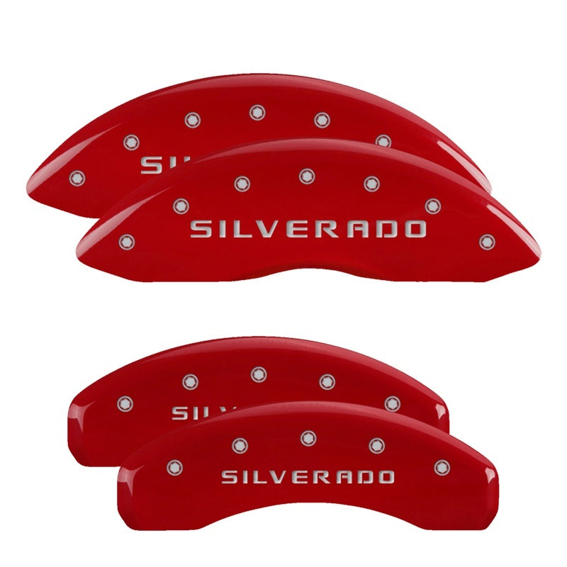 Load image into Gallery viewer, MGP 4 Caliper Covers Engraved Front & Rear Silverado Red finish silver ch