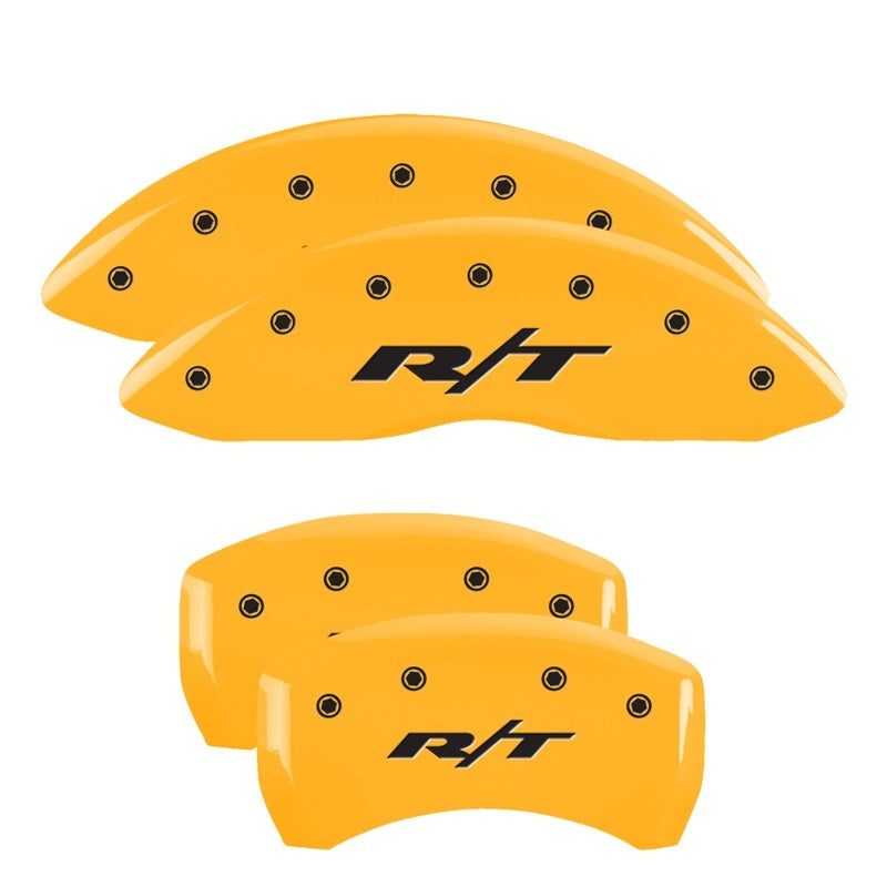 Load image into Gallery viewer, MGP 4 Caliper Covers Engraved Front & Rear RT1-Truck Yellow finish black ch