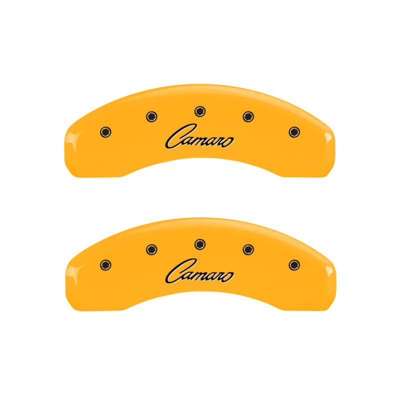 Load image into Gallery viewer, MGP 4 Caliper Covers Engraved Front & Rear Cursive/Camaro Yellow finish black ch