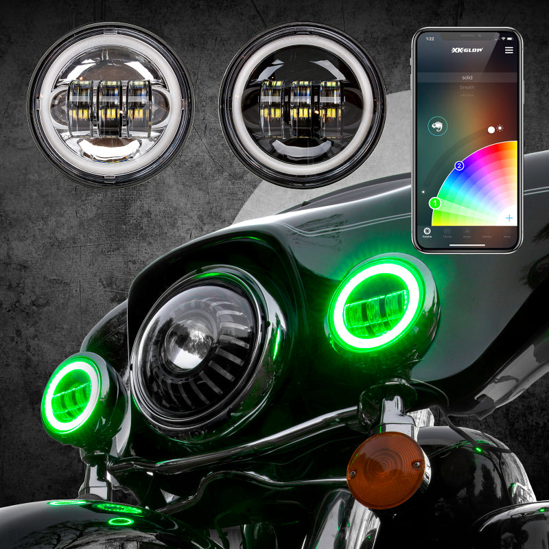 Load image into Gallery viewer, XK Glow 4.5In Black RGB LED Harley Running Light XKchrome Bluetooth App Controlled Kit
