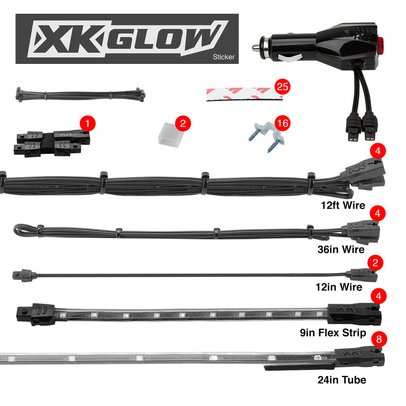 Load image into Gallery viewer, XK Glow Single Color XKGLOW UnderglowLED Accent Light Car/Truck Kit Red - 8x24In Tube + 4x8In Strip
