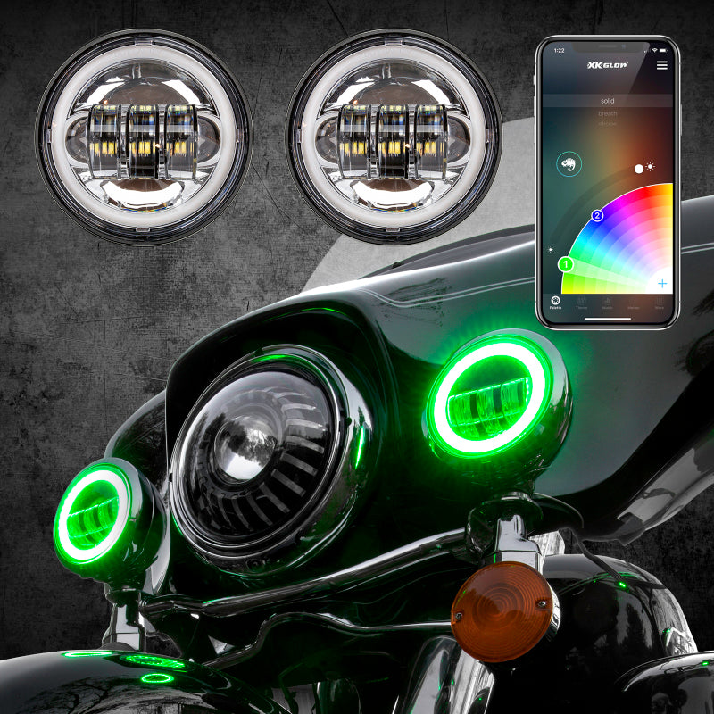 Load image into Gallery viewer, XK Glow 4.5In Chrome RGB LED Harley Running Light XKchrome Bluetooth App Controlled Kit
