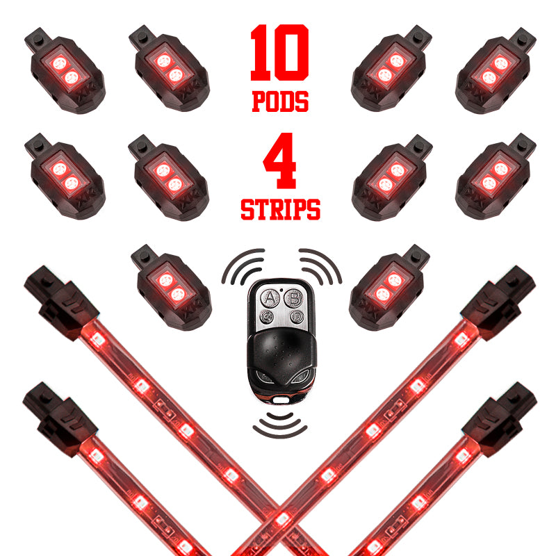 Load image into Gallery viewer, XK Glow Single Color XKGLOW LED Accent Light Motorcycle Kit Red - 10xPod + 4x8InStrips
