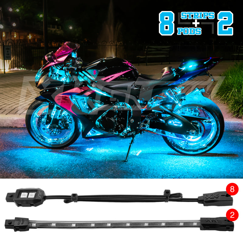 Load image into Gallery viewer, XK Glow Strips Single Color XKGLOW LED Accent Light Motorcycle Kit Light Blue - 8xPod + 2x8In
