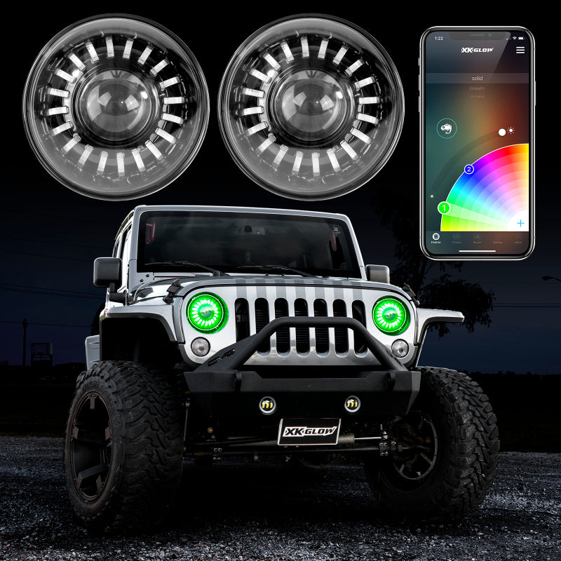 Load image into Gallery viewer, XK Glow 2pc 7in RGB LED Jeep Headlight XKchrome Bluetooth App Controlled Kit
