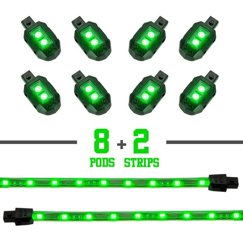 Load image into Gallery viewer, XK Glow Strips Single Color XKGLOW LED Accent Light Motorcycle Kit Green - 8xPod + 2x8In
