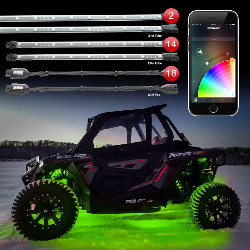 Load image into Gallery viewer, XK Glow Tube + 18xPods Million Color XKCHROME App Controlled Offroad UTV Kit 2x24In Tube + 14x12In
